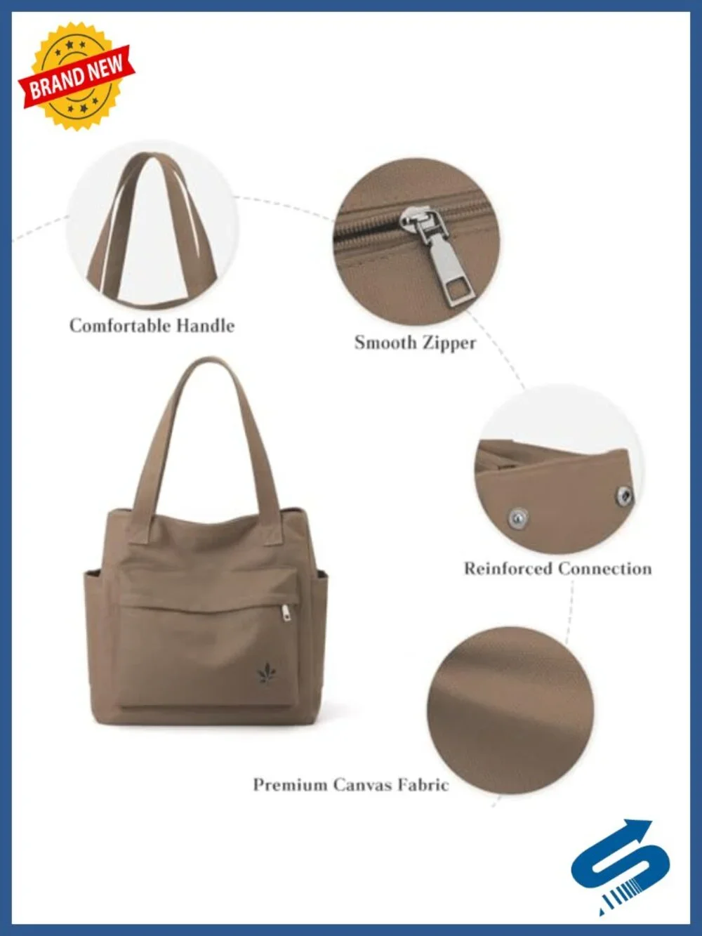 Canvas Shoulder Tote Handbag with Multiple Pockets, Casual